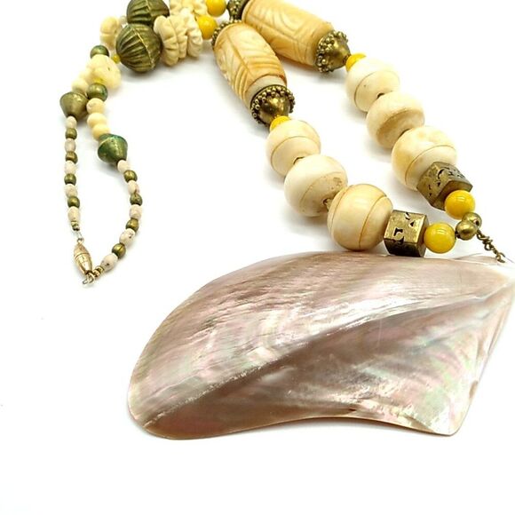 Artisan 4" MOP Shell Brass & Faux Bone Statement Necklace - Picture 4 of 15
